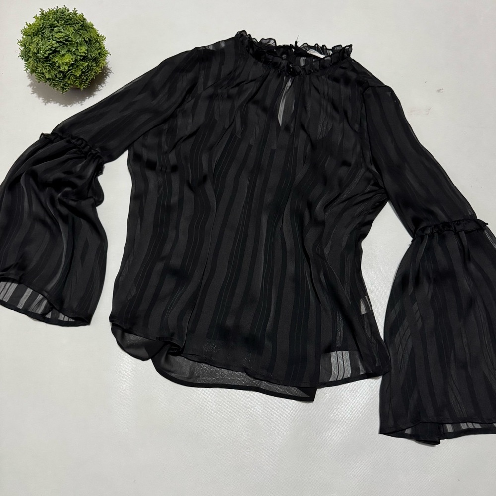 Lush Black Sheer Striped Bell Sleeve Blouse Medium Wednesday Adams Goth Vampire